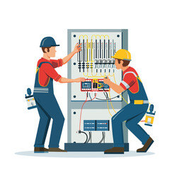 Two electricians working on an electrical panel in a flat vector illustration