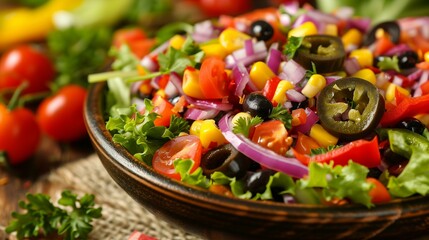 Wall Mural - Southwestern salad with fresh vegetables corn tomatoes onions peppers olives, appetizing pepper delicious