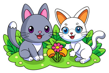 Canvas Print - A cute Cat and a cute dog Is playing in a garden vector