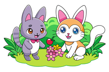 Wall Mural - cute Cat and a cute rabbit Is playing in a garden vector