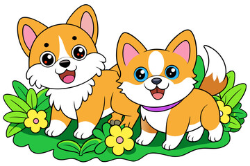 Canvas Print - cute corgi dog and a cute Shih Tzu Is playing in a garden vector
