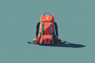 Poster - A minimalist image of a stylized red backpack, ready for any adventure, set against a simple blue background. Generative AI