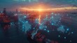 © Barosanu - A bustling port during sunset with container ships, illuminated cranes, and a digital world map overlay highlighting international maritime trade connections.