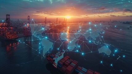 A bustling port during sunset with container ships, illuminated cranes, and a digital world map overlay highlighting international maritime trade connections.