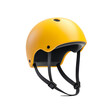 © PTC_KICKCAT - Yellow safety helmet with straps, suitable for biking, skateboarding, and outdoor sports. Isolated on white background.