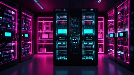 Poster - A dark room with multiple rows of server racks. The racks are lit up with pink and blue lights.