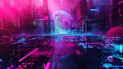 Poster - Neon-colored abstract cyber art background with futuristic and high-tech design motifs.