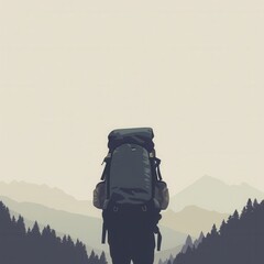Poster - A minimalist illustration of a stylized backpack set against a backdrop of a mountain range, representing a sense of travel and adventure. Generative AI