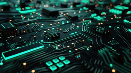 Poster - Detailed 3D image of a black circuit board with neon mint microchips, emphasizing a modern and high-tech look.