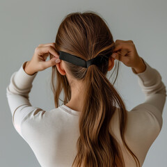 Wall Mural - Woman with long brown hair putting on a black sleep mask.