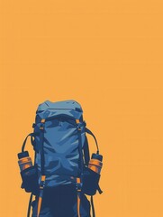 Poster - A stylized blue backpack with orange accents, ready for travel and adventure. The backpack is featured against a minimalist yellow background. Generative AI