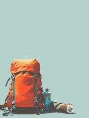 Aufkleber - A stylized backpack with a water bottle and a rolled-up mat against a light blue background. Generative AI