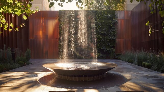The courtyard feels alive with energy as the fabric adds a dynamic element to the tranquil fountain.