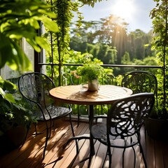 Wall Mural - round wooden table and metal chairs on a balcony with lush green plants enjoying the morning sun