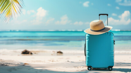 Wall Mural - Relaxing Summer Vacation Vibes - Blue Suitcase with Straw Hat on Tropical Beach, Copy Space on Right