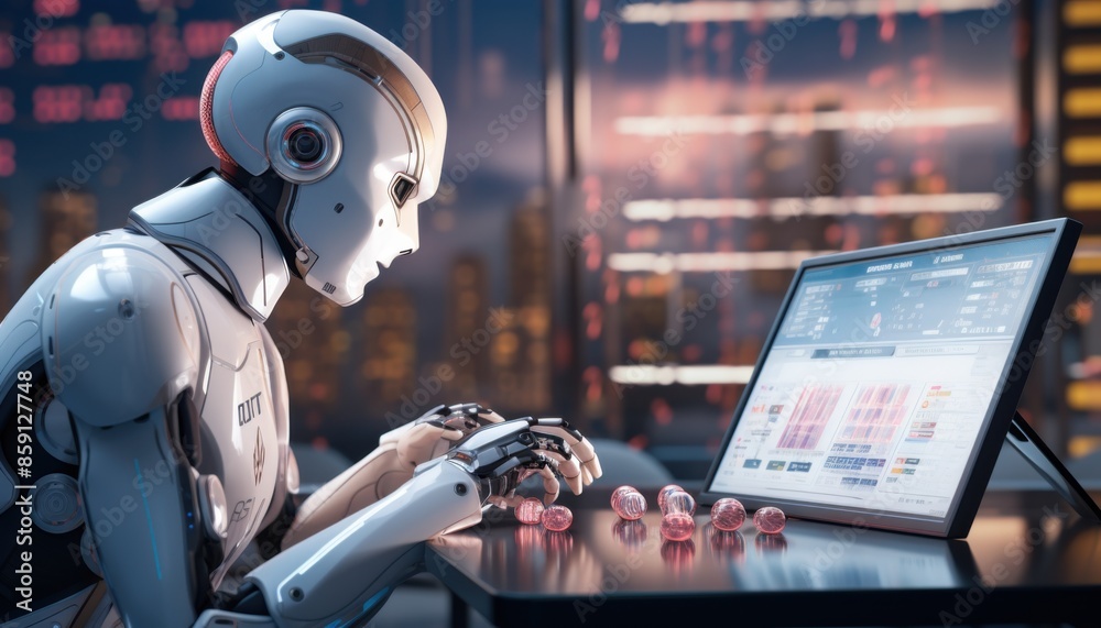 A robot sitting at a desk and looking at a computer screen. The robot ...
