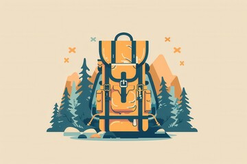 Aufkleber - A stylized backpack, representing adventure and travel, is featured against a minimalist background of mountains and trees. Generative AI