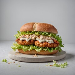 Wall Mural - A chicken sandwich with lettuce and mayonnaise on a white background.