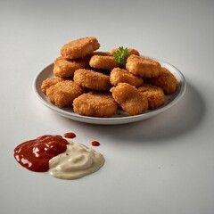 Wall Mural - A portion of chicken nuggets with a dipping sauce on a white background.