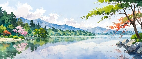 Wall Mural - Watercolour illustration of a japanese landscape at a beautiful lake, artistic modern and simple background.
