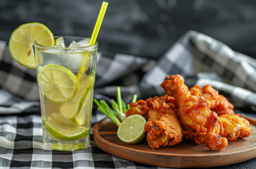 Wall Mural - A glass of fresh ginger and lime water, with lemon slices on the side, next to a wooden plate filled with fried chicken
