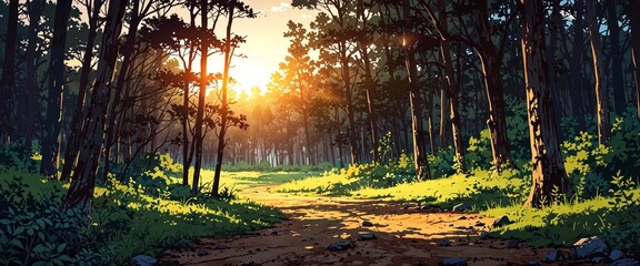 Wall Mural - Beautiful evening sun in a nature forest An Illustration in an Anime background animation style.