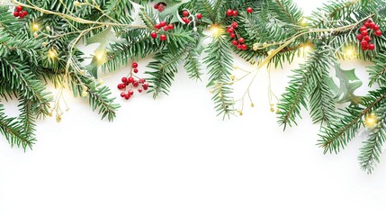 Poster - Festive Green Pine Sprigs with Red Berries and Golden Lights