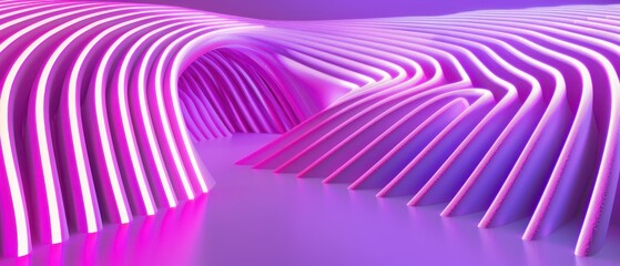 Wall Mural - Abstract neon 3D render with bright purple, violet, and pink lines glowing in ultraviolet light.