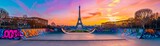 Graffiti skate park with Eiffel Tower on a sunny day, realistic shadows, vibrant urban art, Paris skyline, clear sky, detailed textures