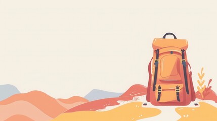 Aufkleber - A minimalist illustration featuring a stylized backpack on a hilltop, symbolizing travel and adventure. Generative AI