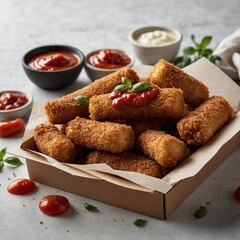 Wall Mural - A box of mozzarella sticks with marinara sauce on a white background.