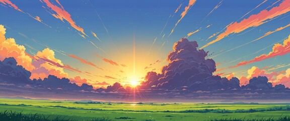 Wall Mural - wonderful epic landscape illustration of the sun at the horizon, anime artwork.