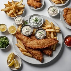 Wall Mural - A plate of crispy fish and chips with tartar sauce on a white background.