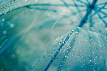 Transparent umbrella under rain against water drops splash background. Rainy weather concept.