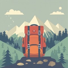 Poster - A stylized illustration of a red backpack sitting atop a rocky outcropping with a mountain range and forest in the background. Generative AI