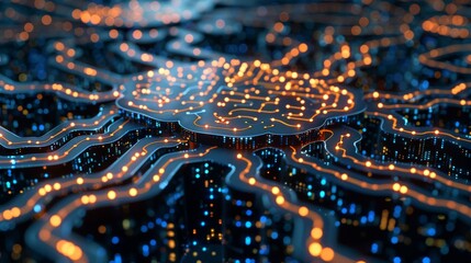 Poster - Glowing brain circuit board abstract a cybernetic microchip