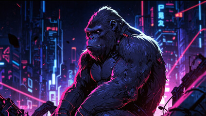Wall Mural - The cyberpunk ape is a symbol of rebellion, individuality, and technology This illustration represents an ape in a neon lit cyberpunk world.