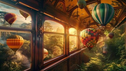 Wall Mural - A magical train journey through a fairytalelike forest with colorful hot air balloons floating in the sky.