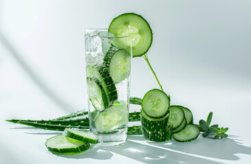 Wall Mural - Aloe fitted with cucumber juice, on white background. A glass of water is decorated with sliced green cucumbers and an un-cut plant next to it.