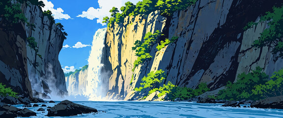 Wall Mural - Captivating illustration of a cascading waterfall flowing from a high cliff in Japanese anime theme, under the canopy of drifting clouds and clear blue skies.