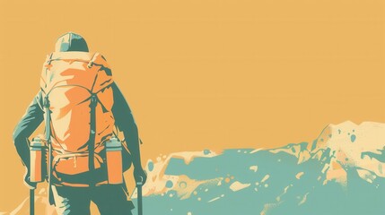 Aufkleber - An illustration of a backpacker walking towards a scenic landscape with a large backpack. The minimalist background has a yellow sky and green hills. Generative AI
