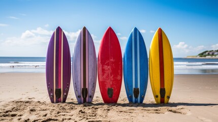 Colorful surfboards adorning the sandy shore of a picturesque beach during the summertime