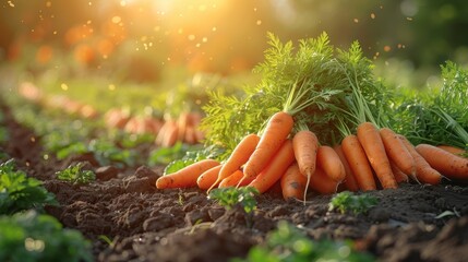 Poster - A bundle of freshly harvested carrots lies on the soil, illuminated by the golden sunlight, showcasing their vibrant orange color and green leafy tops.