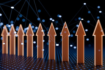 Poster - Benchmarking concept.Multiple brown arrows pointing upwards with a digital network background. 3d rendering
