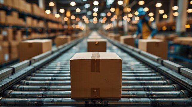 A cardboard box traveling along a conveyer belt inside a large, well-lit warehouse filled with numerous similar boxes, denoting industrial efficiency and logistics.