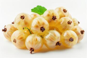 Close Up of Fresh White Currants with Leaves Isolated on White Background Juicy and Tasty Organic Fruit Perfect for Healthy Snacks, Desserts, and Culinary Creations