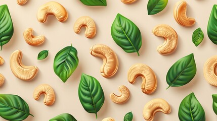 An illustrative work of small cashew nuts with leaves seamless pattern over a off white backdrop for printing purpose or product backdrop, Generative AI.