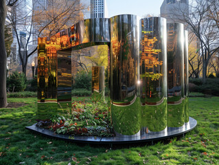 Poster - Modern reflective material cubes in an autumn city garden