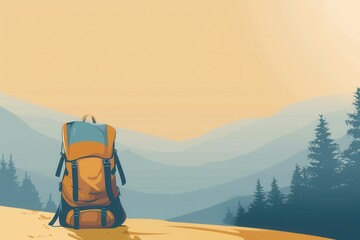 Aufkleber - A minimalist illustration of a backpack on a mountaintop overlooking a distant, hazy mountain range with a sunset sky. Generative AI