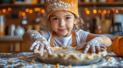 Wall Mural - child chef hat kid face flour cooking baking knead dough pumpkin tart cake homemade hands preparing food kitchen delicious tasty pastry halloween christmas seasonal autumn celebration 